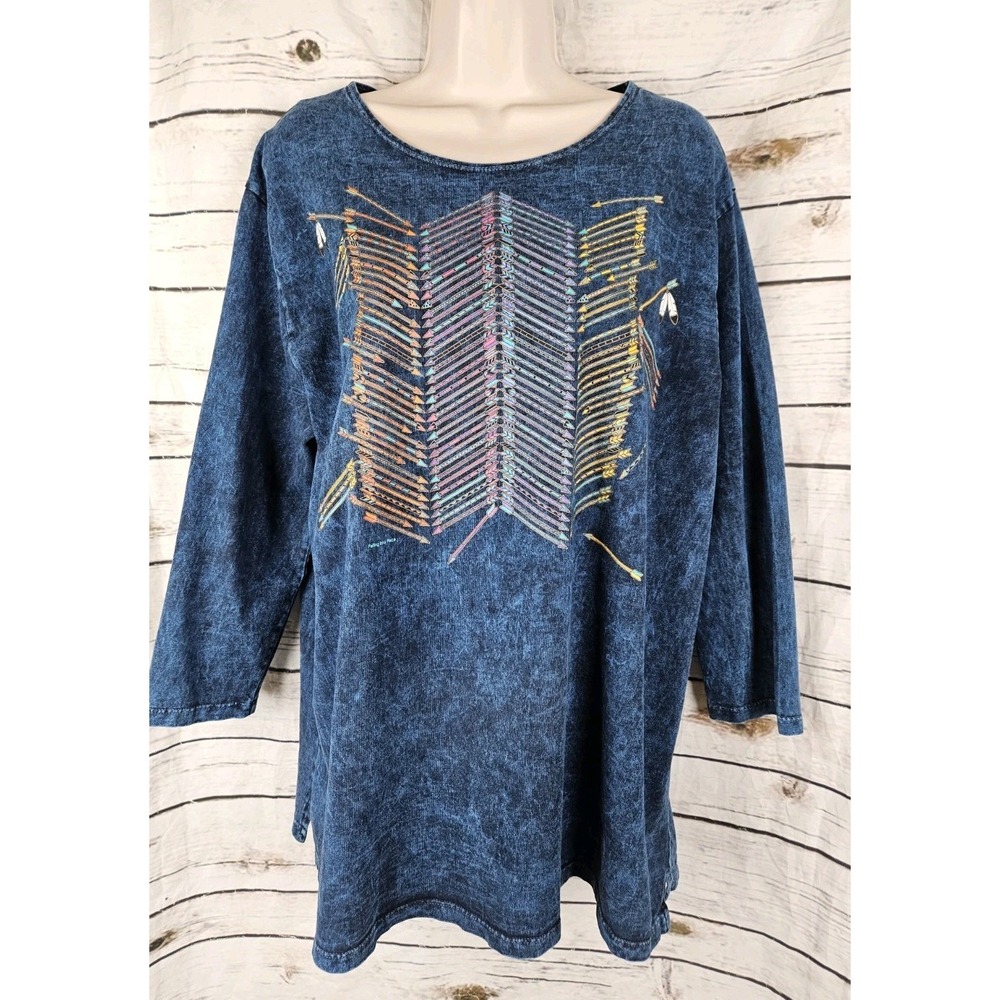 Sabaku Blue "Denim" Southwestern Graphic T-Shirt XL Tunic Art to Wear